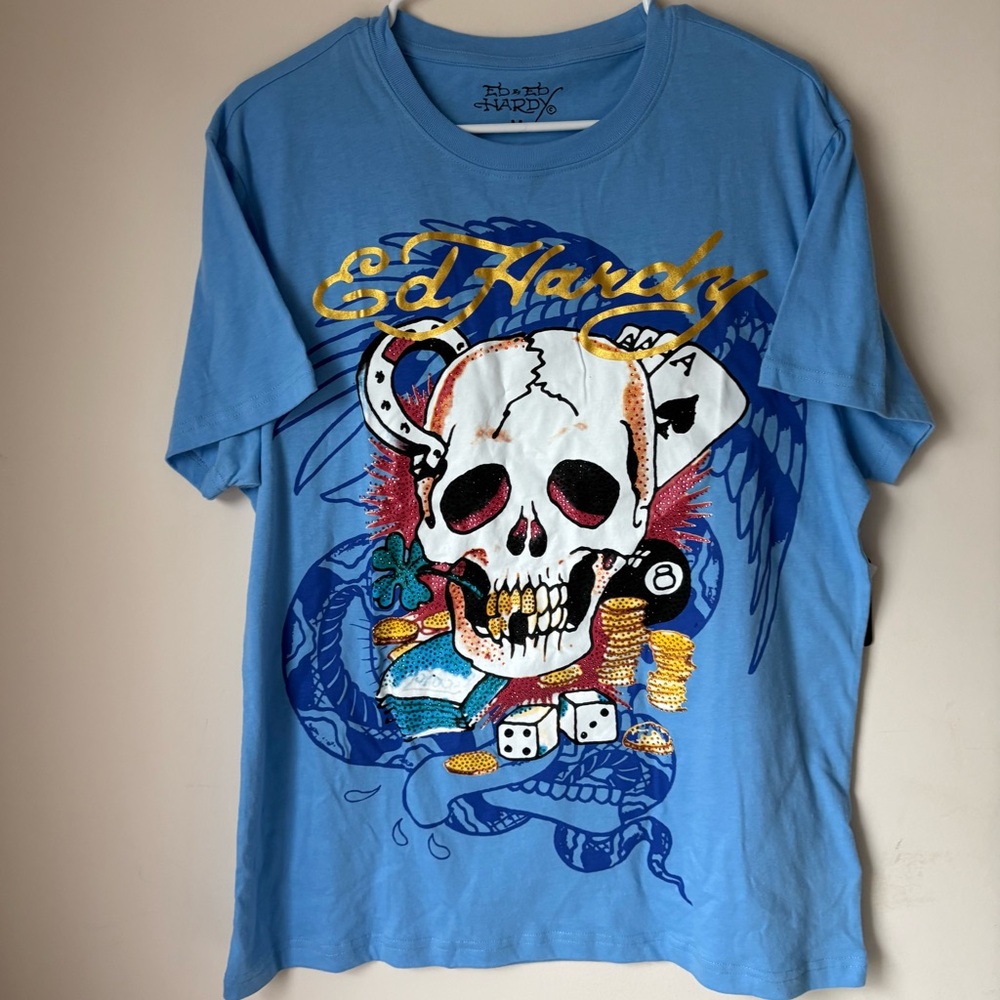 NWT Ed Hardy Rhinestone Skull x Dice Y2K Men’s Blue T-shirt Large